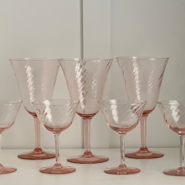 Pink Depression Glass Water Goblets & Champagne Coupes Tall Sherbet Glasses, Blown Pink Swirl Optic Glass, Sold as a Set