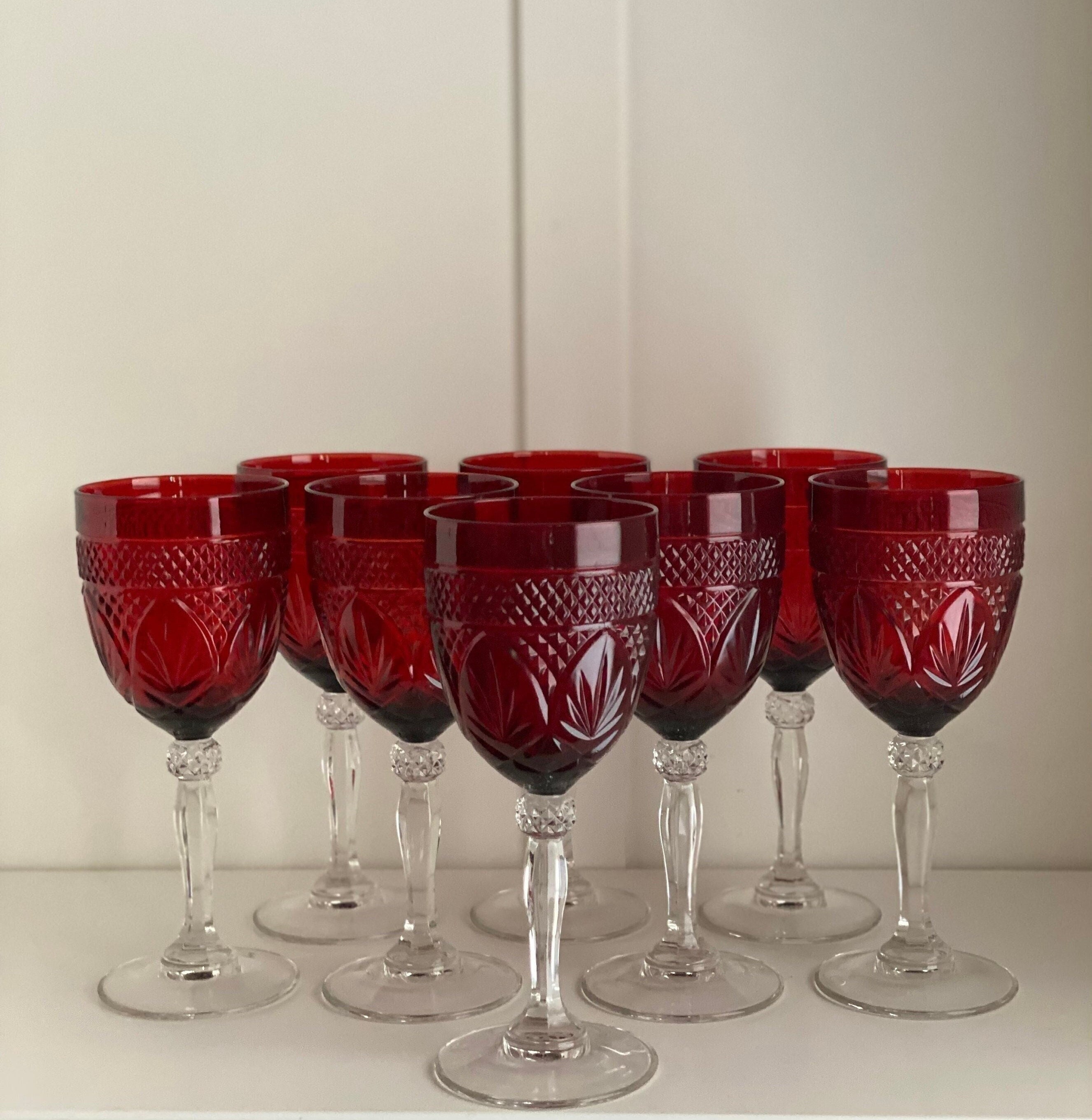 Dark Ruby red cut to clear lead crystal brandy glasses set of 4