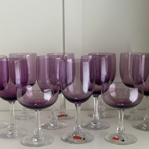 Vintage Fostoria Fascination Lilac Crystal Goblets, and Wine Glasses - MCM Barware Set