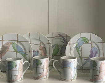 Fitz & Floyd Pastel Parakeet Dining Set: Vintage Salad Plates and Mugs