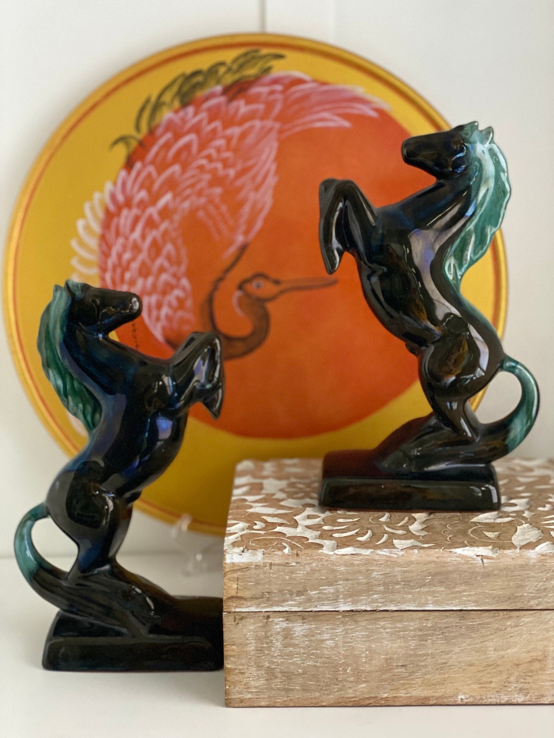 Blue Mountain Pottery Rearing Horse Bookends, Blue Green Drip Glaze, Flow Glaze Etsy