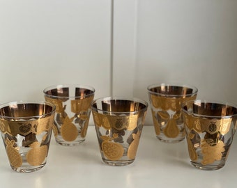 Culver Florentine Double Old Fashion/Rocks Glasses, 22kt Gold Fruit Pattern, Sold as a Set
