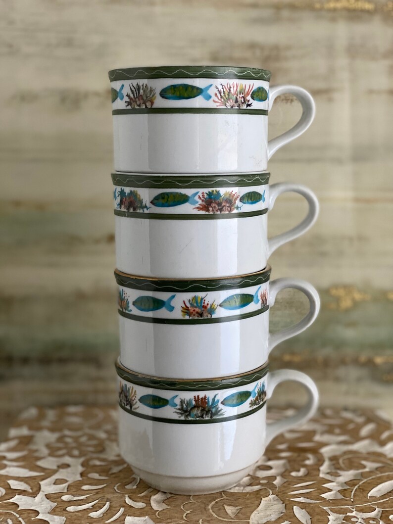 Fish Stack Mug Sango Fish & Coral Mugs, Set of 4 Coastal Coffee/tea Cups - Etsy