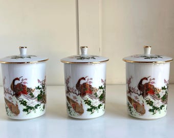 Vintage Porcelain Lidded Tea Cup Set - Chinoiserie  Bird & Blossom Design