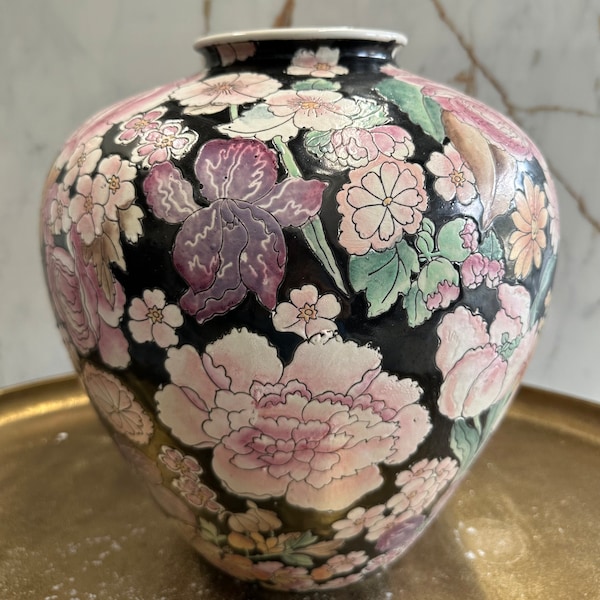 Vaso vintage Família Noir Chinoiserie - Grande urna decorativa de porcelana asiática para decoração de casa