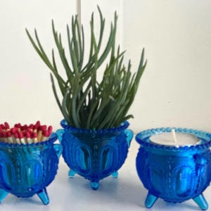 May include: Three small, cobalt blue glass bowls with a beaded rim and three feet. One bowl holds red-tipped matches, one contains a green succulent plant, and the third holds a white tea light candle. The glass features a textured, embossed pattern.