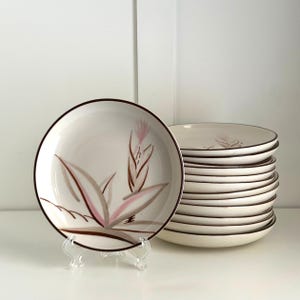 Può includere: Un set di piatti vintage in ceramica con sfondo color crema e bordo marrone. Ogni piatto presenta un disegno floreale in rosa, marrone e grigio. I piatti sono impilati, con un piatto esposto su un supporto trasparente.
