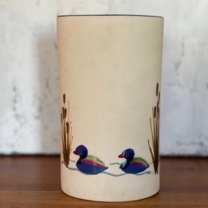 Vintage Swedish Gabriel Pottery: Hand-Painted Blue Duck Vase with Grass Reeds, Mid-Century Modern Decor