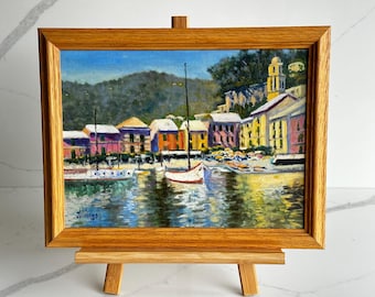Dipinto originale del porto di Portofino, incorniciato, raffigurante un villaggio costiero della Riviera italiana, paesaggio marino mediterraneo, decorazione murale.