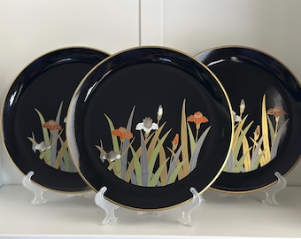 Vintage Otagiri Iris Lacquerware Platters Set of 3 – Japanese Black Floral Serving Plates