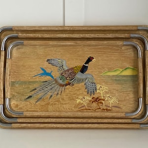 Vintage Mid-Century Pheasant Nesting Trays: Hand-Painted Bar Decor & Entertaining Set