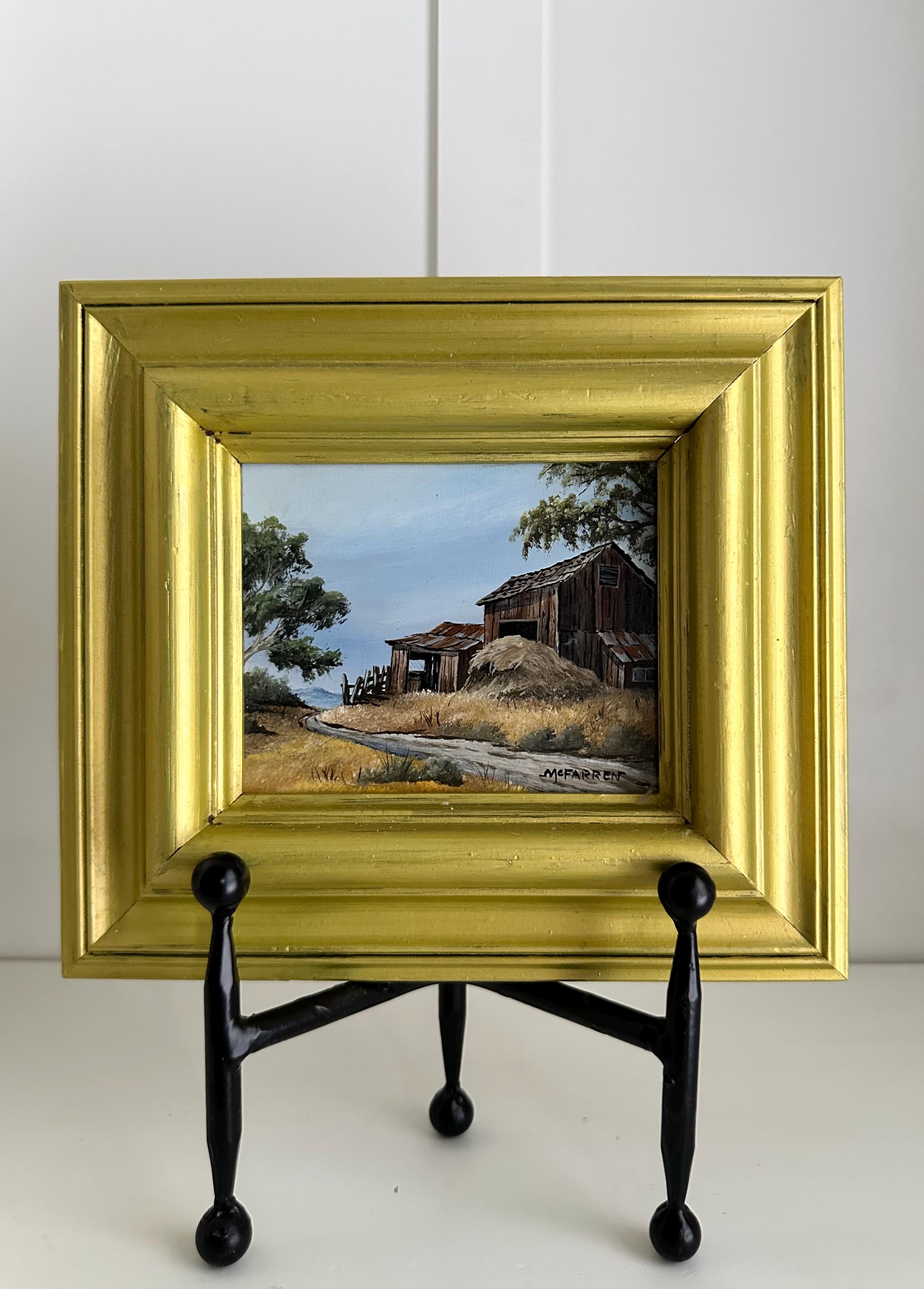 印象派 油彩画 田舎の風景 約30cm x 40cm ヴィンテージ額入り印象派の農家と納屋の風景画：ロバート