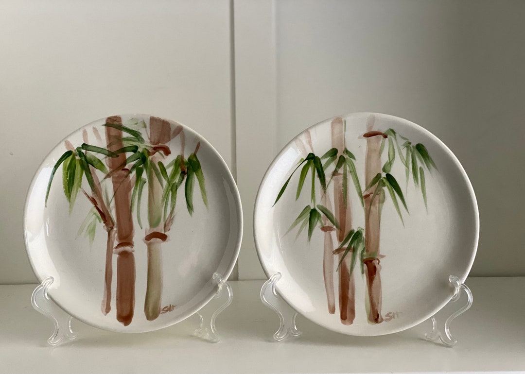 Hand Painted Vintage Bamboo Luncheon/salad Plates, Signed USA Pottery