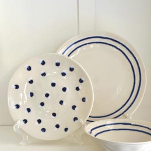 Handpainted Portuguese Stoneware: Blue Stripe & Polka Dot Artisan Bowl or Plate by MatCeramica
