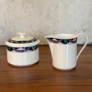 Mikasa Forecast Fine China Sugar Bowl & Creamer Set - Black Geometric Art Deco Style from Japan
