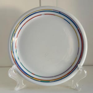May include: A white ceramic plate with a colorful geometric design around the rim. The design features red, yellow, blue, green, and purple lines.