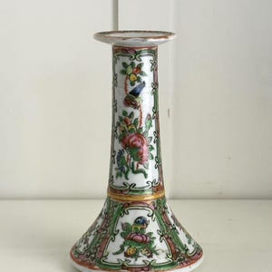 Vintage Chinese Rose Medallion Porcelain Candlestick: Hand-Painted Export Style Chinoiserie Decor
