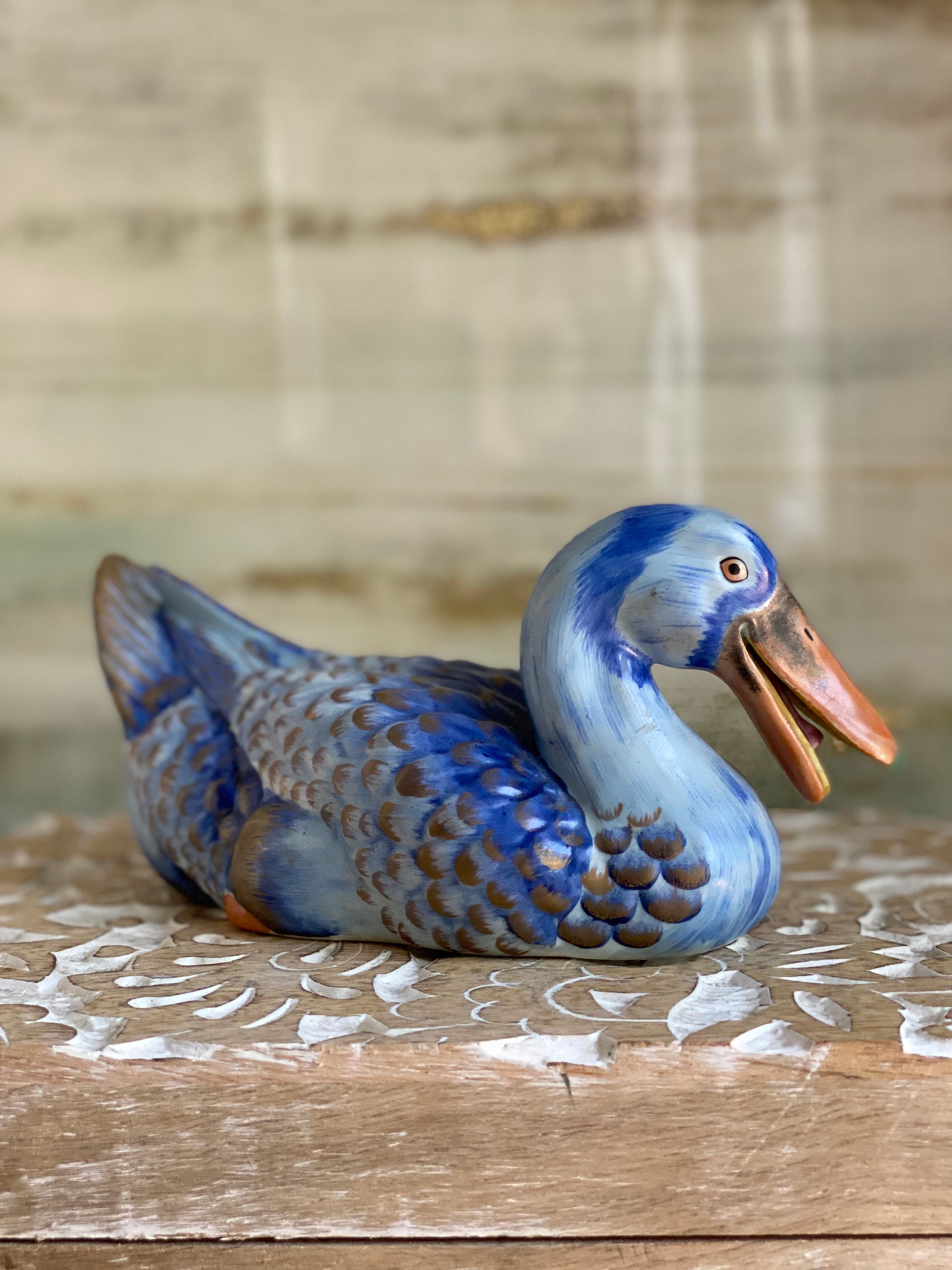 Vintage Paul Hanson Hand-painted Blue Ceramic Duck Figurine