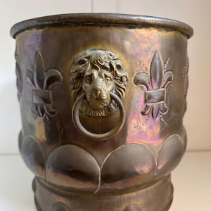 May include: A bronze-colored metal planter with a lion's head and ring handle. The planter features fleur-de-lis and a decorative base. The metal has a patina with iridescent hues of purple and gold.