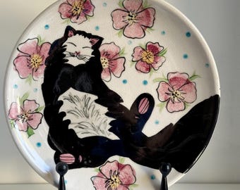 Vintage Santa Fe Mei Ming Ware Cat Plate: Artisanal Collectible Southwestern Ceramic Dinnerware Decor