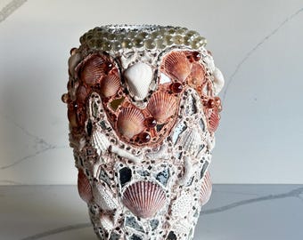 Shell Mosaic Vase K Hede Bradford Mixed Media Coastal Art Signed 2006