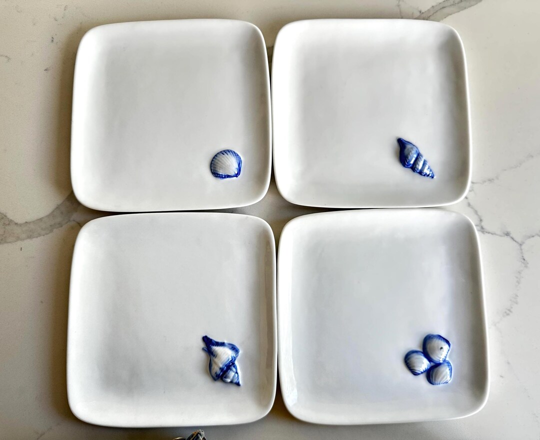 Shell Appetizer Plates Coastal Plate Set With Embossed Blue Shells, Square Porcelain Appetizer ...
