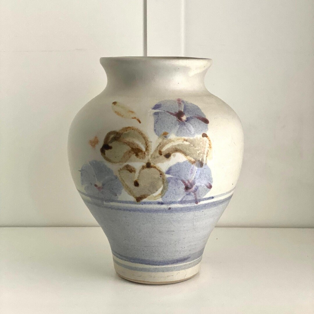 Vintage Studio Pottery Vase, Hand Thrown Stoneware With Blue Floral ...