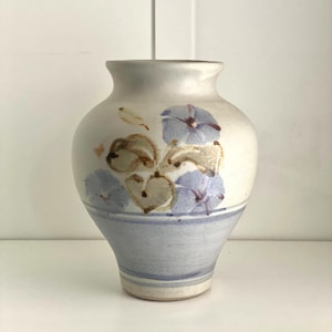 Vintage Studio Pottery Vase, Hand Thrown Stoneware with Blue Floral Glaze