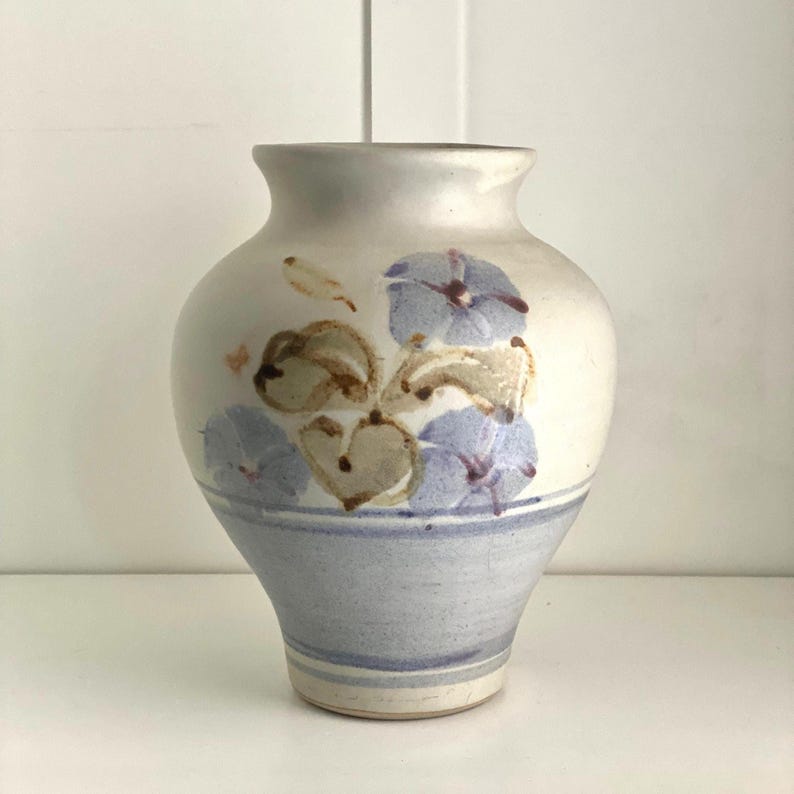 Vintage Studio Pottery Vase, Hand Thrown Stoneware With Blue Floral ...