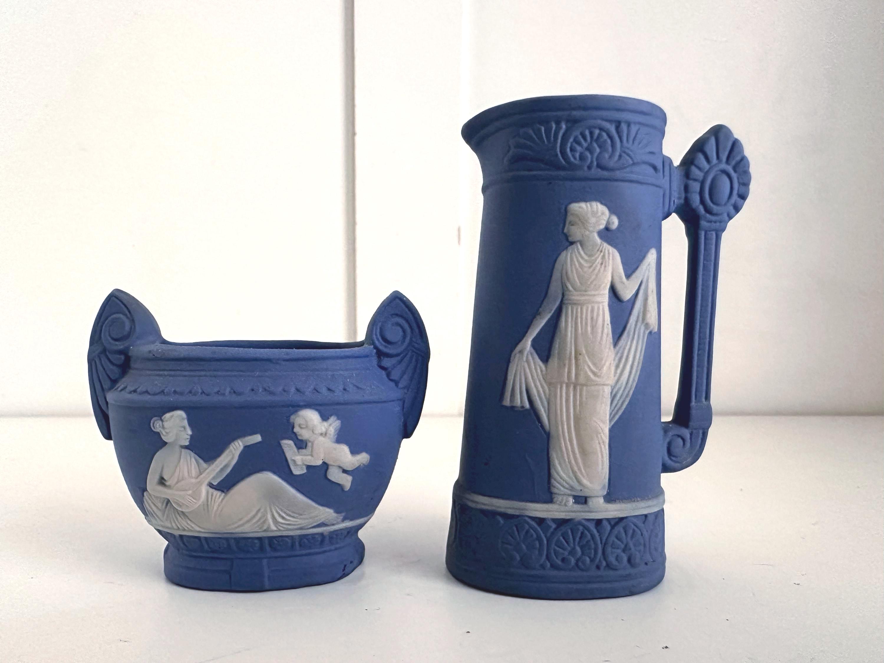 Miniature Jasperware Pitcher & Urn Set: German Bisque Porcelain