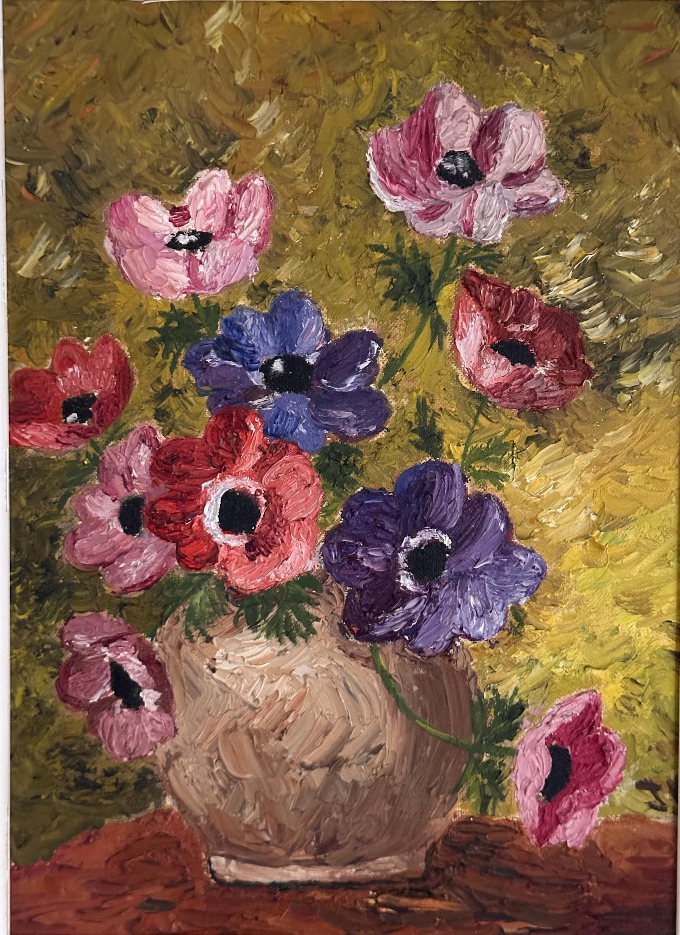 ミッドセンチュリーの花の静物画：J. モロヴィッツによる花瓶に咲いた