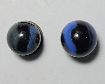 Vintage Akro Agate zwarte en blauwe swirl knikkers 0,62" - Set van 2 — Verzamelbare glazen knikker JM-011
