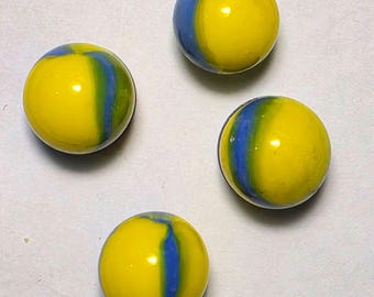 Vintage gele en blauwe swirl knikkers 0,61 inch - Set van 4 — Verzamelbare glazen knikker JM-017