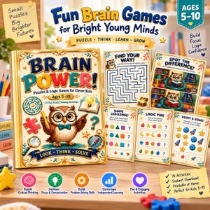 May include: A Brain Power! activity book for ages 5-10 featuring an owl illustration on the cover. The set includes multiple activity sheets with puzzles, mazes, shape challenges, logic games, and counting tasks, all designed for children to solve.