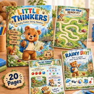 Könnte beinhalten: Ein Set von Little Thinkers Aktivitätsbüchern für 4- bis 6-Jährige mit einem braunen Bären. Die Bücher enthalten ein Labyrinth, Rätsel und eine Regenwetter-Aktivität. Ein Holzschild zeigt an, dass das Set insgesamt 20 Seiten umfasst.