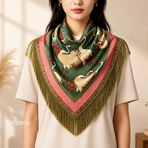 Satinschal mit Kranichmuster, eleganter Halsschal für Damen aus seidenweichem Material