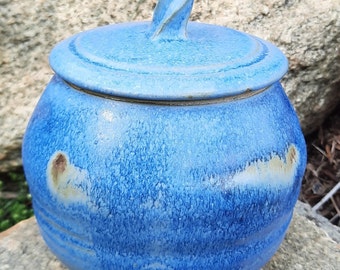 handcrafted ceramic jar, a fun and funky jar with a cornflower blue glaze, storage container with lid or a secret stash jar.