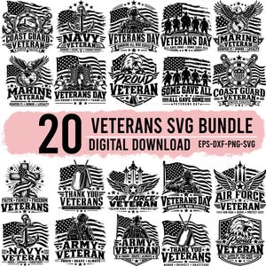 May include: A digital collection of 20 black and white graphic designs featuring military themes, American flags, eagles, anchors, dog tags, and soldiers. The text includes phrases like Veterans Day, Coast Guard, Navy, Marine, and Air Force Veteran.