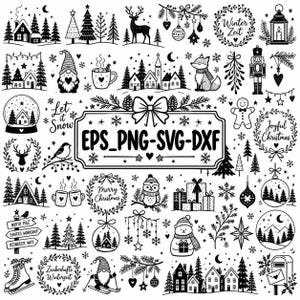 Könnte beinhalten: Eine Sammlung von schwarz-weißen digitalen Weihnachtsillustrationen mit Tannenbäumen, Rentieren, Gnomen, Schneekugeln, Kränzen und Häusern. In der Mitte befindet sich ein rechteckiger Rahmen mit dem Text EPS_PNG-SVG-DXF.
