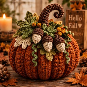 Puede incluir: Una calabaza naranja tejida a ganchillo con un tallo rizado prominente, decorada con hojas verdes tejidas, tres bellotas marrones y crema, y pequeñas bayas amarillas. La superficie de hilo texturizado crea una forma de calabaza redondeada.