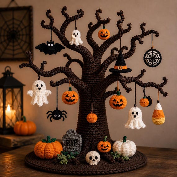 Halloween Crochet Spooky Tree Pattern, Haunted Tree Amigurumi PDF, Halloween Decor Crochet Pattern, Ghost Pumpkin Bat Witch Hat