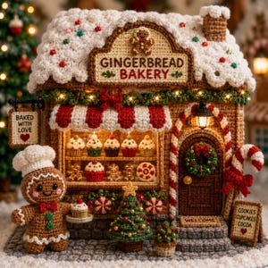 May include: A crochet gingerbread bakery house with a white snowy roof, a red and white striped awning, and a gingerbread person figure holding a cupcake. The sign reads GINGERBREAD BAKERY, BAKED WITH LOVE, and COOKIES CUPCAKES COCOA.