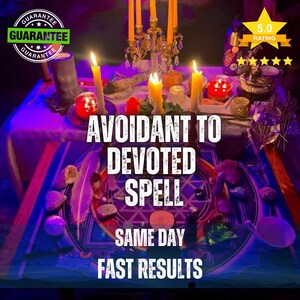 May include: A ritual setup featuring a circular altar cloth with geometric patterns, multiple lit candles, crystals, a white feather, and a glass of water. Text overlay reads: AVOIDANT TO DEVOTED SPELL SAME DAY FAST RESULTS, with a 5.0 rating star graphic.