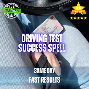 May include: A driver's license held against light blue denim fabric. The image features text reading DRIVING TEST SUCCESS SPELL, SAME DAY, and FAST RESULTS. A 5.0 rating graphic with five yellow stars and a guarantee seal are visible in the corners.