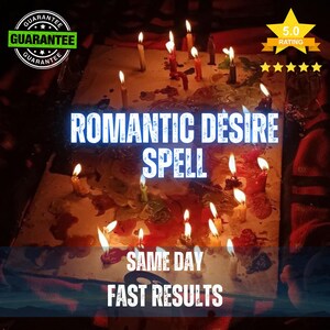 May include: A rectangular surface covered in numerous lit candles of varying colors and sizes, with melted wax pooling across the base. The text ROMANTIC DESIRE SPELL, SAME DAY, and FAST RESULTS is overlaid, alongside a 5.0 rating star graphic.
