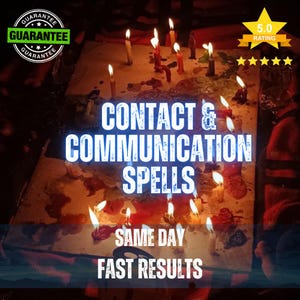 May include: A rectangular surface covered in numerous lit candles of varying heights and colours, with wax drippings scattered across the base. The text reads CONTACT & COMMUNICATION SPELLS, SAME DAY, and FAST RESULTS, with a 5.0 rating star graphic.