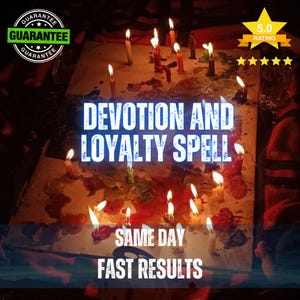 Könnte beinhalten: Eine Ansammlung brennender Kerzen auf einer flachen Oberfläche mit bunten Wachstropfen. Der Text lautet DEVOTION AND LOYALTY SPELL, SAME DAY, FAST RESULTS. Ein grünes GUARANTEE-Abzeichen und eine 5.0 RATING-Sterne-Grafik sind zu sehen.