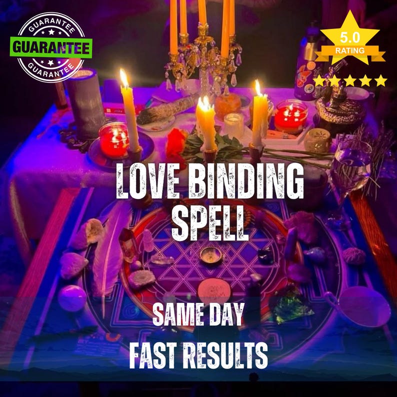 Puede incluir: Un montaje ritual con una alfombra circular de dise&ntilde;o geom&eacute;trico, rodeada de varios cristales, una pluma blanca y velas encendidas. El texto dice LOVE BINDING SPELL, SAME DAY, FAST RESULTS, GUARANTEE y 5.0 RATING con cinco estrellas amarillas.