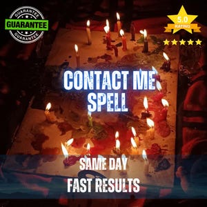 May include: A rectangular surface covered in numerous lit candles of varying heights and colours, with melted wax pooling across the top. The text reads CONTACT ME SPELL, SAME DAY, and FAST RESULTS, accompanied by a 5.0 rating star graphic.