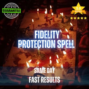 Puede incluir: Una superficie plana cubierta con numerosas velas encendidas de diversas alturas y colores, con cera derretida acumulada en la base. El texto FIDELITY PROTECTION SPELL, SAME DAY y FAST RESULTS aparece en blanco junto a una calificación de 5.0.